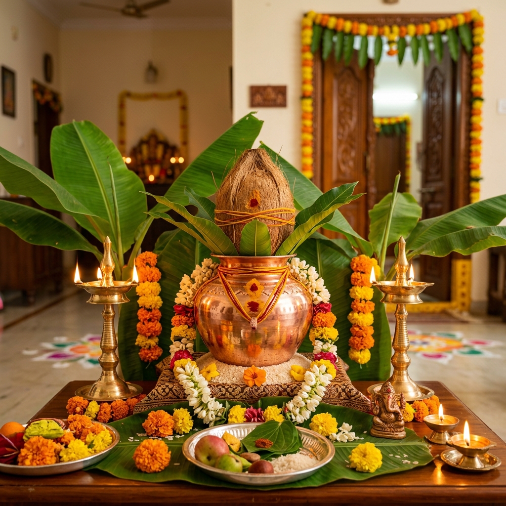Sacred Kalash with Coconut and Mango Leaves